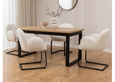 Vela - Polsterstuhl im Japandi Stil und im runden Design aus weißem Bouclé mit schwarzem Metallgestell