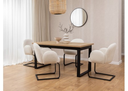 Vela - Polsterstuhl im Japandi Stil und im runden Design aus weißem Bouclé mit schwarzem Metallgestell