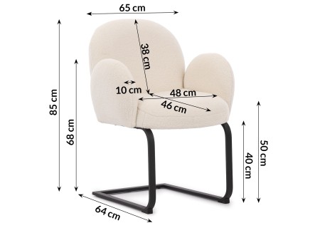 Vela - Polsterstuhl im Japandi Stil und im runden Design aus weißem Bouclé mit schwarzem Metallgestell