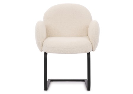 Vela - Polsterstuhl im Japandi Stil und im runden Design aus weißem Bouclé mit schwarzem Metallgestell