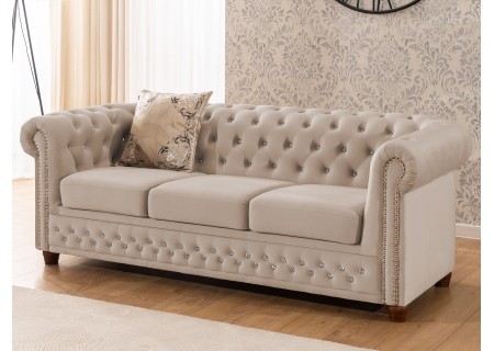 Cleo Blink - Chesterfield 3-Sitzer Sofa aus Samt mit Kristallsteppung und braunen Massivholzfüßen
