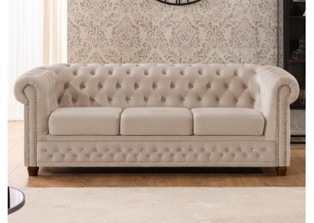 Cleo Blink - Chesterfield 3-Sitzer Sofa aus Samt mit Kristallsteppung und braunen Massivholzfüßen