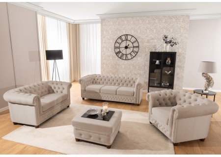 Cleo Blink - Chesterfield 3-Sitzer Sofa aus Samt mit Kristallsteppung und braunen Massivholzfüßen