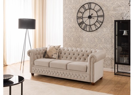 Cleo Blink - Chesterfield 3-Sitzer Sofa aus Samt mit Kristallsteppung und braunen Massivholzfüßen