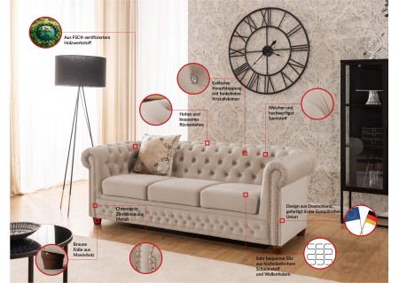 Cleo Blink - Chesterfield 3-Sitzer Sofa aus Samt mit Kristallsteppung und braunen Massivholzfüßen