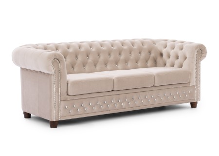 Cleo Blink - Chesterfield 3-Sitzer Sofa aus Samt mit Kristallsteppung und braunen Massivholzfüßen