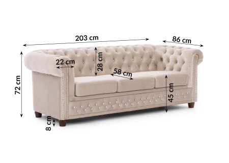 Cleo Blink - Chesterfield 3-Sitzer Sofa aus Samt mit Kristallsteppung und braunen Massivholzfüßen