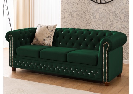 Cleo Blink - Chesterfield 3-Sitzer Sofa aus Samt mit Kristallsteppung und braunen Massivholzfüßen