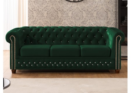 Cleo Blink - Chesterfield 3-Sitzer Sofa aus Samt mit Kristallsteppung und braunen Massivholzfüßen