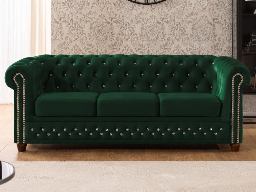 Cleo Blink - Chesterfield 3-Sitzer Sofa aus Samt mit Kristallsteppung und braunen Massivholzfüßen