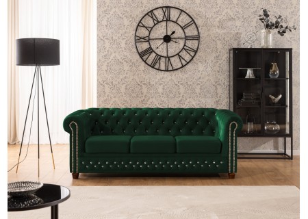 Cleo Blink - Chesterfield 3-Sitzer Sofa aus Samt mit Kristallsteppung und braunen Massivholzfüßen
