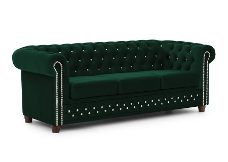 Cleo Blink - Chesterfield 3-Sitzer Sofa aus Samt mit Kristallsteppung und braunen Massivholzfüßen