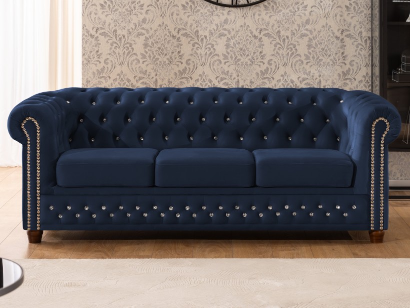 Cleo Blink - Chesterfield 3-Sitzer Sofa aus Samt mit Kristallsteppung und braunen Massivholzfüßen