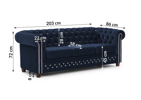 Cleo Blink - Chesterfield 3-Sitzer Sofa aus Samt mit Kristallsteppung und braunen Massivholzfüßen