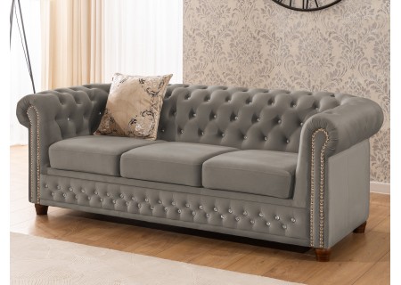 Cleo Blink - Chesterfield 3-Sitzer Sofa aus Samt mit Kristallsteppung und braunen Massivholzfüßen