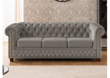 Cleo Blink - Chesterfield 3-Sitzer Sofa aus Samt mit Kristallsteppung und braunen Massivholzfüßen