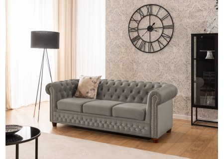 Cleo Blink - Chesterfield 3-Sitzer Sofa aus Samt mit Kristallsteppung und braunen Massivholzfüßen
