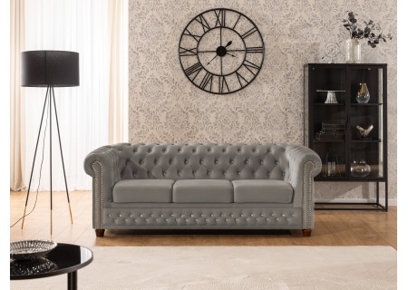 Cleo Blink - Chesterfield 3-Sitzer Sofa aus Samt mit Kristallsteppung und braunen Massivholzfüßen