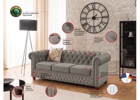 Cleo Blink - Chesterfield 3-Sitzer Sofa aus Samt mit Kristallsteppung und braunen Massivholzfüßen