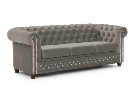 Cleo Blink - Chesterfield 3-Sitzer Sofa aus Samt mit Kristallsteppung und braunen Massivholzfüßen