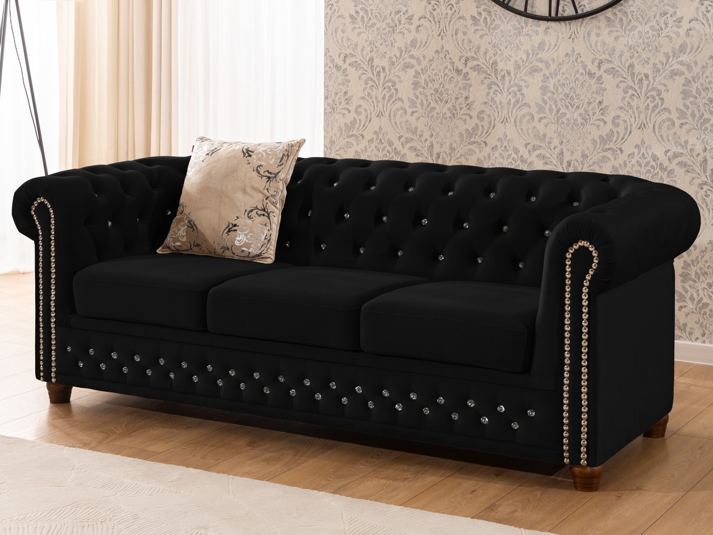 Cleo Blink - Chesterfield 3-Sitzer Sofa aus Samt mit Kristallsteppung und braunen Massivholzfüßen
