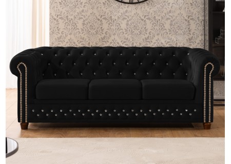 Cleo Blink - Chesterfield 3-Sitzer Sofa aus Samt mit Kristallsteppung und braunen Massivholzfüßen