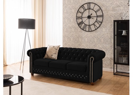 Cleo Blink - Chesterfield 3-Sitzer Sofa aus Samt mit Kristallsteppung und braunen Massivholzfüßen