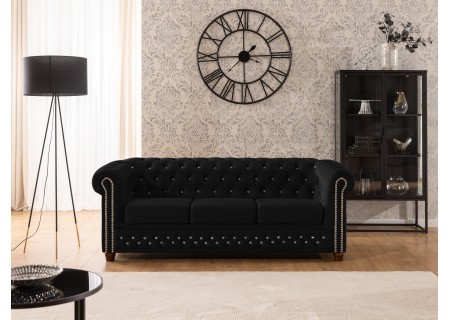 Cleo Blink - Chesterfield 3-Sitzer Sofa aus Samt mit Kristallsteppung und braunen Massivholzfüßen