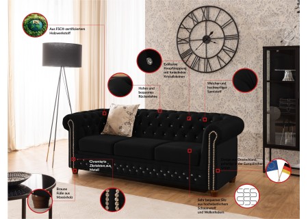 Cleo Blink - Chesterfield 3-Sitzer Sofa aus Samt mit Kristallsteppung und braunen Massivholzfüßen