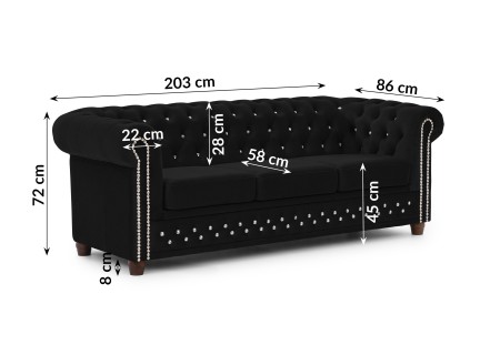 Cleo Blink - Chesterfield 3-Sitzer Sofa aus Samt mit Kristallsteppung und braunen Massivholzfüßen