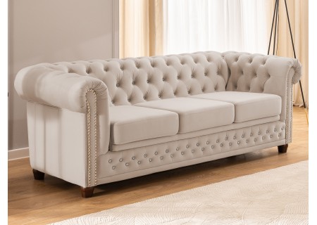 Cleo Blink - Chesterfield 3-Sitzer Sofa mit Schlaffunktion aus Samt mit Kristallsteppung und braunen Massivholzfüßen