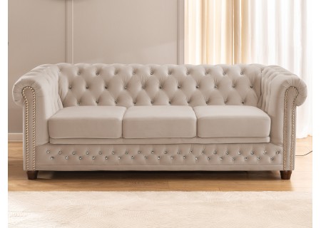 Cleo Blink - Chesterfield 3-Sitzer Sofa mit Schlaffunktion aus Samt mit Kristallsteppung und braunen Massivholzfüßen