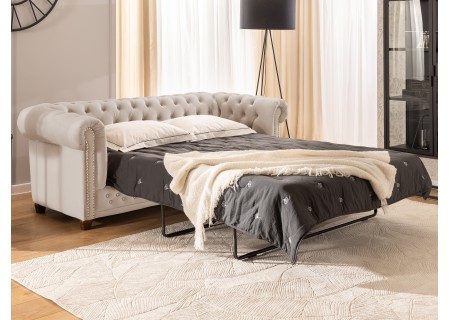 Cleo Blink - Chesterfield 3-Sitzer Sofa mit Schlaffunktion aus Samt mit Kristallsteppung und braunen Massivholzfüßen