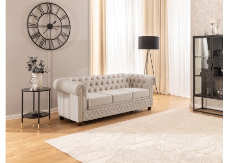 Cleo Blink - Chesterfield 3-Sitzer Sofa mit Schlaffunktion aus Samt mit Kristallsteppung und braunen Massivholzfüßen