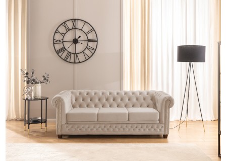 Cleo Blink - Chesterfield 3-Sitzer Sofa mit Schlaffunktion aus Samt mit Kristallsteppung und braunen Massivholzfüßen