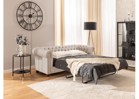 Cleo Blink - Chesterfield 3-Sitzer Sofa mit Schlaffunktion aus Samt mit Kristallsteppung und braunen Massivholzfüßen