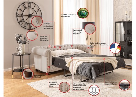 Cleo Blink - Chesterfield 3-Sitzer Sofa mit Schlaffunktion aus Samt mit Kristallsteppung und braunen Massivholzfüßen