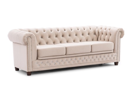 Cleo Blink - Chesterfield 3-Sitzer Sofa mit Schlaffunktion aus Samt mit Kristallsteppung und braunen Massivholzfüßen