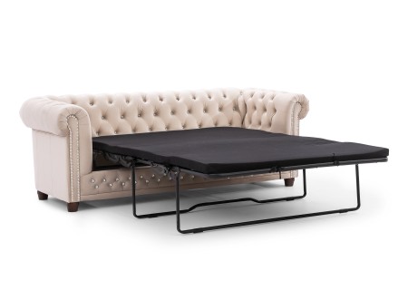 Cleo Blink - Chesterfield 3-Sitzer Sofa mit Schlaffunktion aus Samt mit Kristallsteppung und braunen Massivholzfüßen