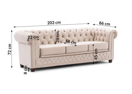 Cleo Blink - Chesterfield 3-Sitzer Sofa mit Schlaffunktion aus Samt mit Kristallsteppung und braunen Massivholzfüßen