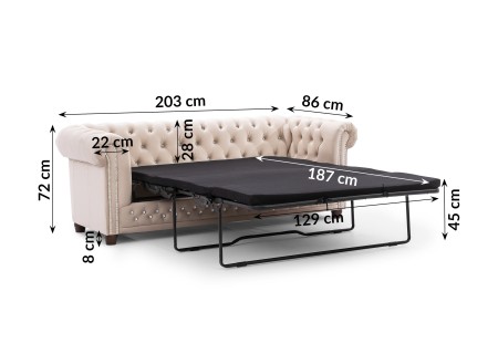Cleo Blink - Chesterfield 3-Sitzer Sofa mit Schlaffunktion aus Samt mit Kristallsteppung und braunen Massivholzfüßen