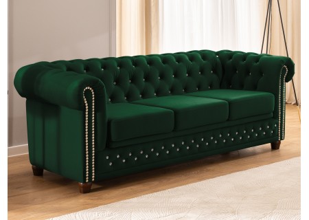 Cleo Blink - Chesterfield 3-Sitzer Sofa mit Schlaffunktion aus Samt mit Kristallsteppung und braunen Massivholzfüßen
