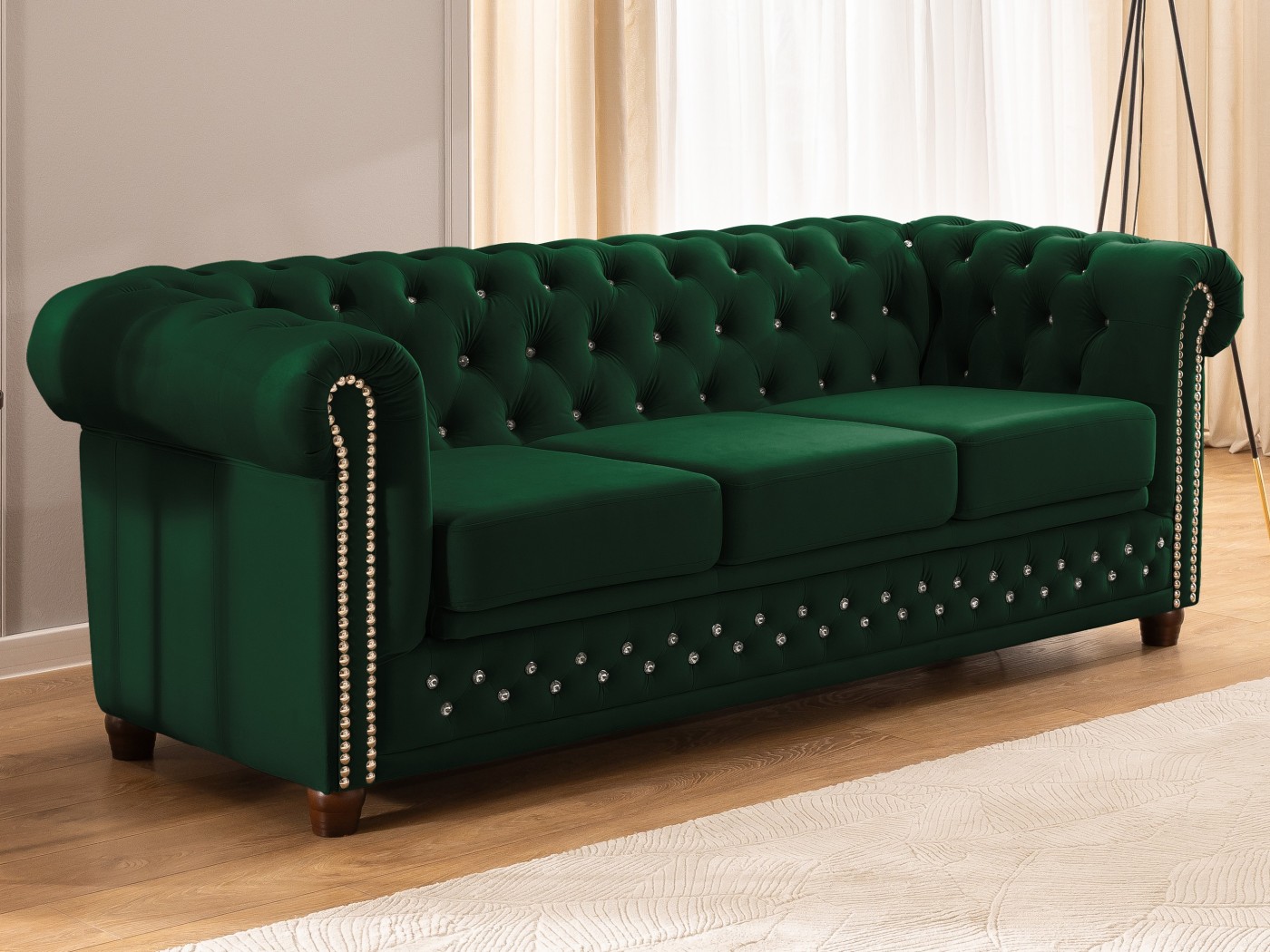 Cleo Blink - Chesterfield 3-Sitzer Sofa mit Schlaffunktion aus Samt mit Kristallsteppung und braunen Massivholzfüßen