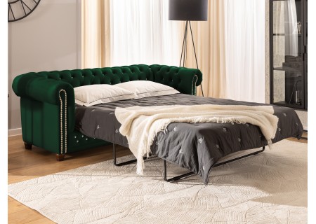 Cleo Blink - Chesterfield 3-Sitzer Sofa mit Schlaffunktion aus Samt mit Kristallsteppung und braunen Massivholzfüßen