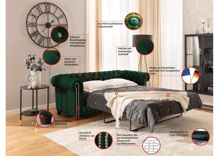 Cleo Blink - Chesterfield 3-Sitzer Sofa mit Schlaffunktion aus Samt mit Kristallsteppung und braunen Massivholzfüßen