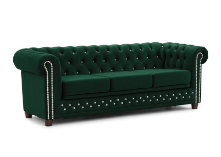 Cleo Blink - Chesterfield 3-Sitzer Sofa mit Schlaffunktion aus Samt mit Kristallsteppung und braunen Massivholzfüßen