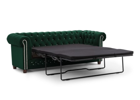 Cleo Blink - Chesterfield 3-Sitzer Sofa mit Schlaffunktion aus Samt mit Kristallsteppung und braunen Massivholzfüßen