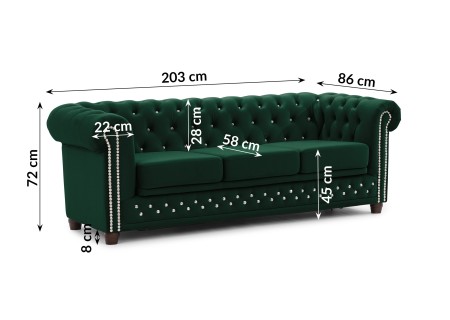 Cleo Blink - Chesterfield 3-Sitzer Sofa mit Schlaffunktion aus Samt mit Kristallsteppung und braunen Massivholzfüßen