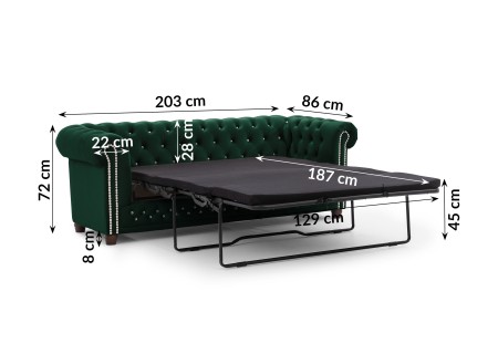 Cleo Blink - Chesterfield 3-Sitzer Sofa mit Schlaffunktion aus Samt mit Kristallsteppung und braunen Massivholzfüßen