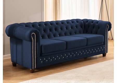 Cleo Blink - Chesterfield 3-Sitzer Sofa mit Schlaffunktion aus Samt mit Kristallsteppung und braunen Massivholzfüßen
